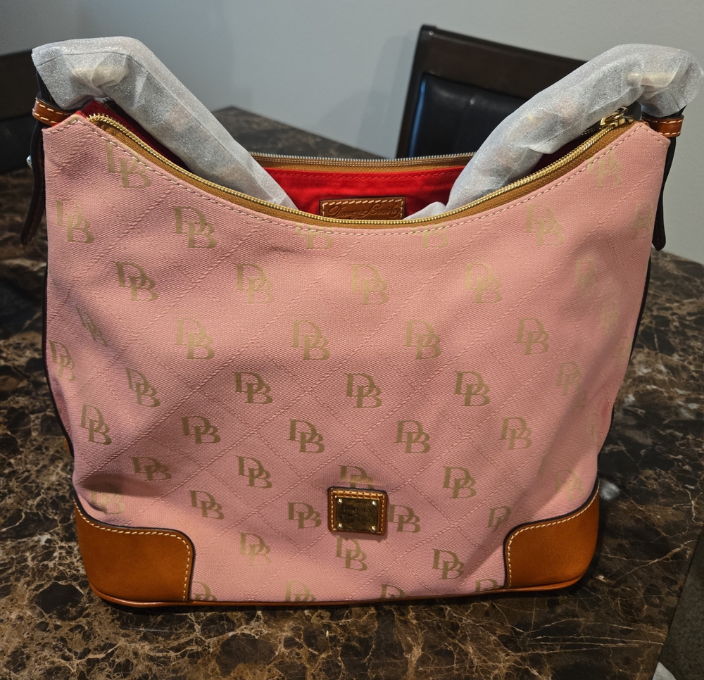 Dooney & Bourke Pink Logo Canvas Shoulder Bag with Tan Trim
